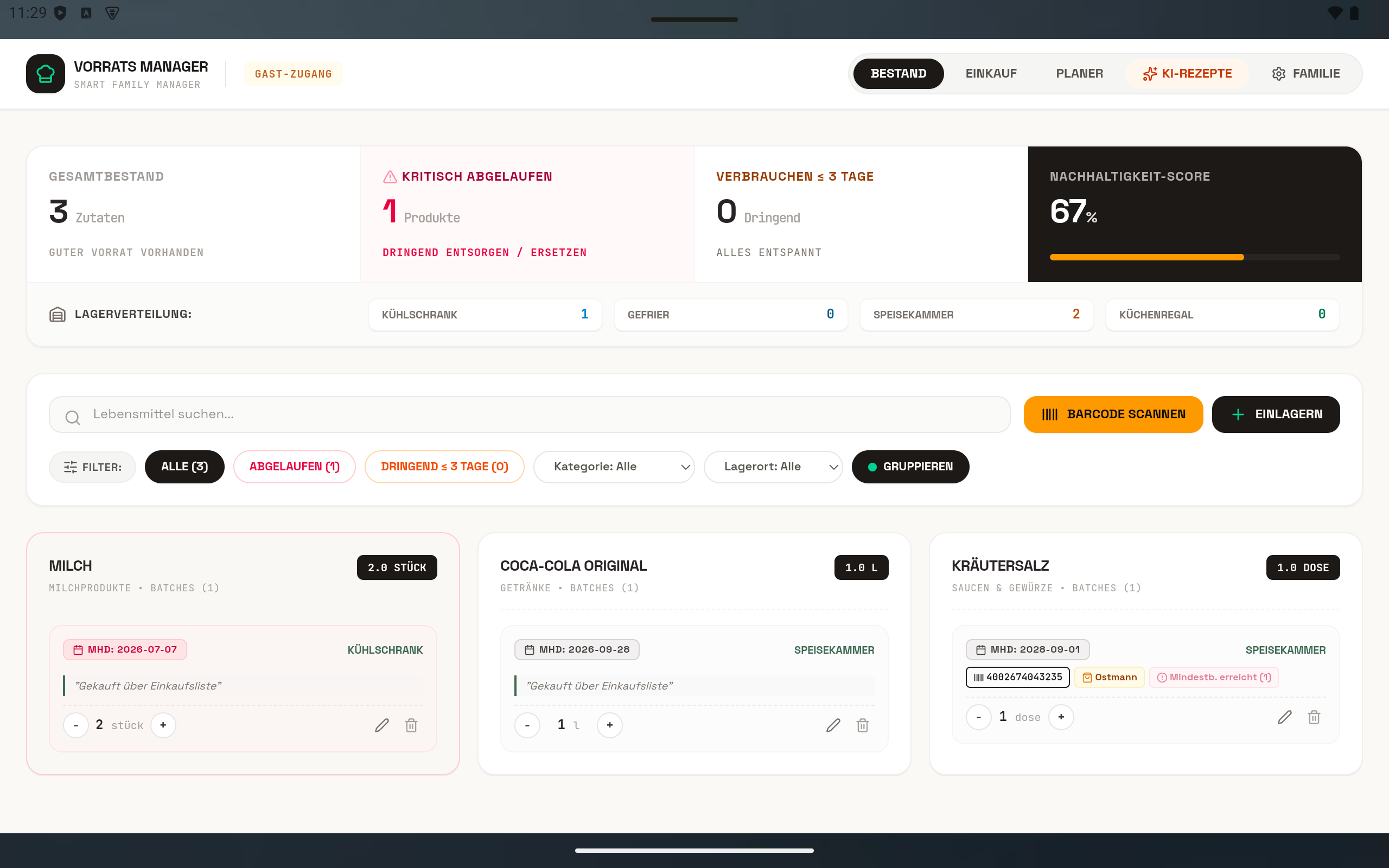 Vorrats Manager App iPad Screenshot